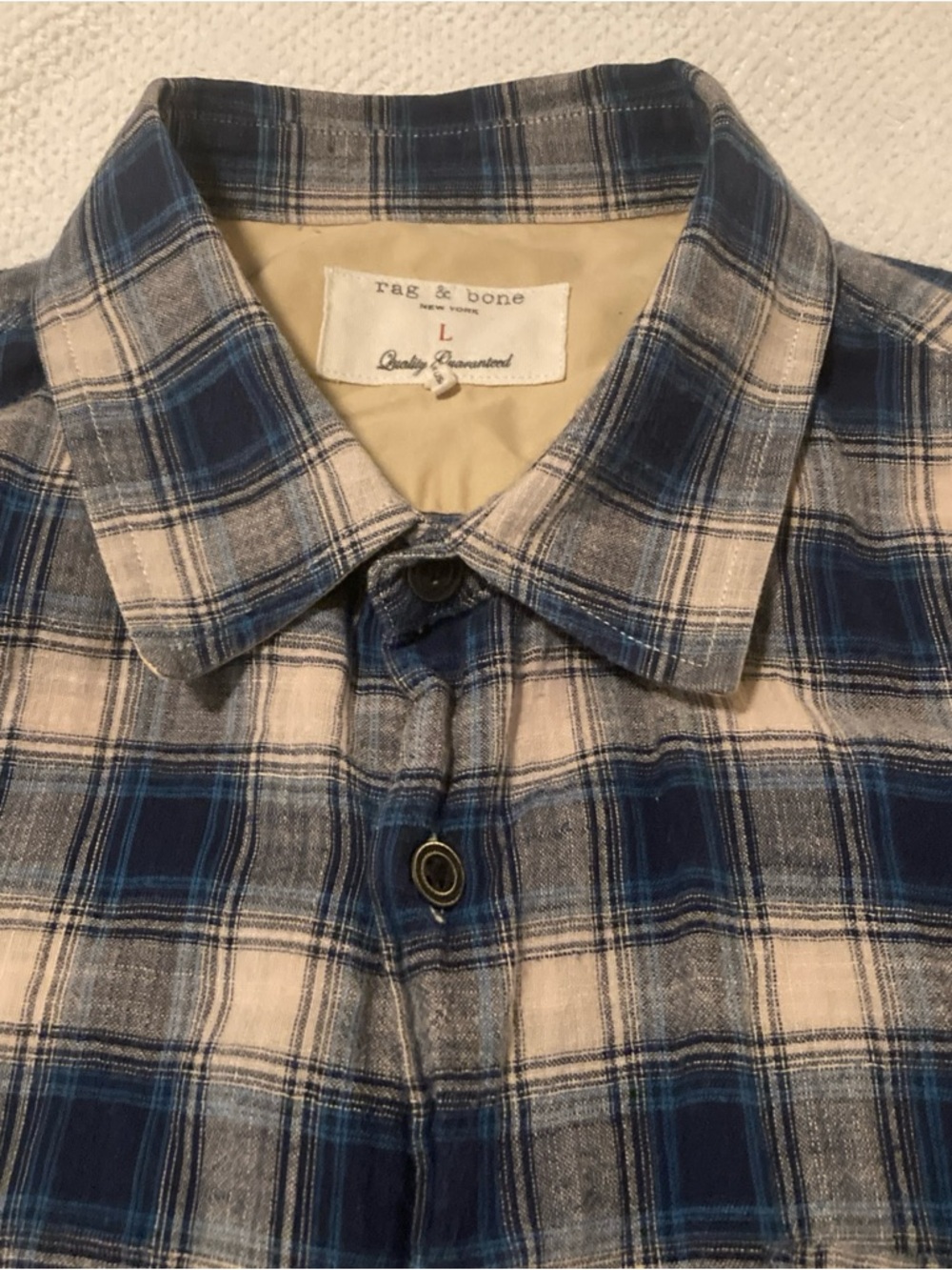 rag & bone Men’s Blue and Cream Plaid Button-Up Shirt size L made in USA
